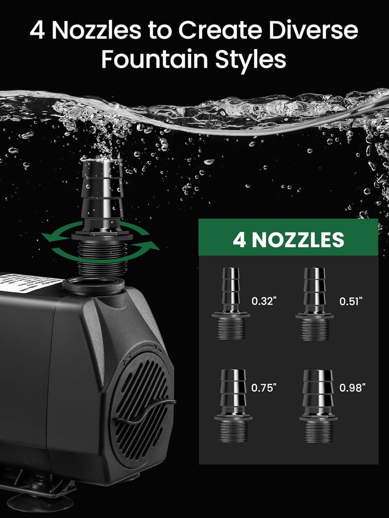GROWNEER 950GPH Submersible Pump 50W Ultra Quiet Fountain Water Pump 3600L/H, with 9.8ft High Lift, 4 Nozzles for Aquarium, Fish Tank, Pond, Hydroponics, Statuary, Garden, Black (950GPH) - Image 4